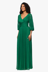 Petite "Saraya" Sheer Matte Jersey 3/4 Sleeve V-Neck Floor Length Dress
