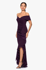 "Aspyn" Scuba Crepe Off the Shoulder Chiffon Ruffle Floor Length Dress