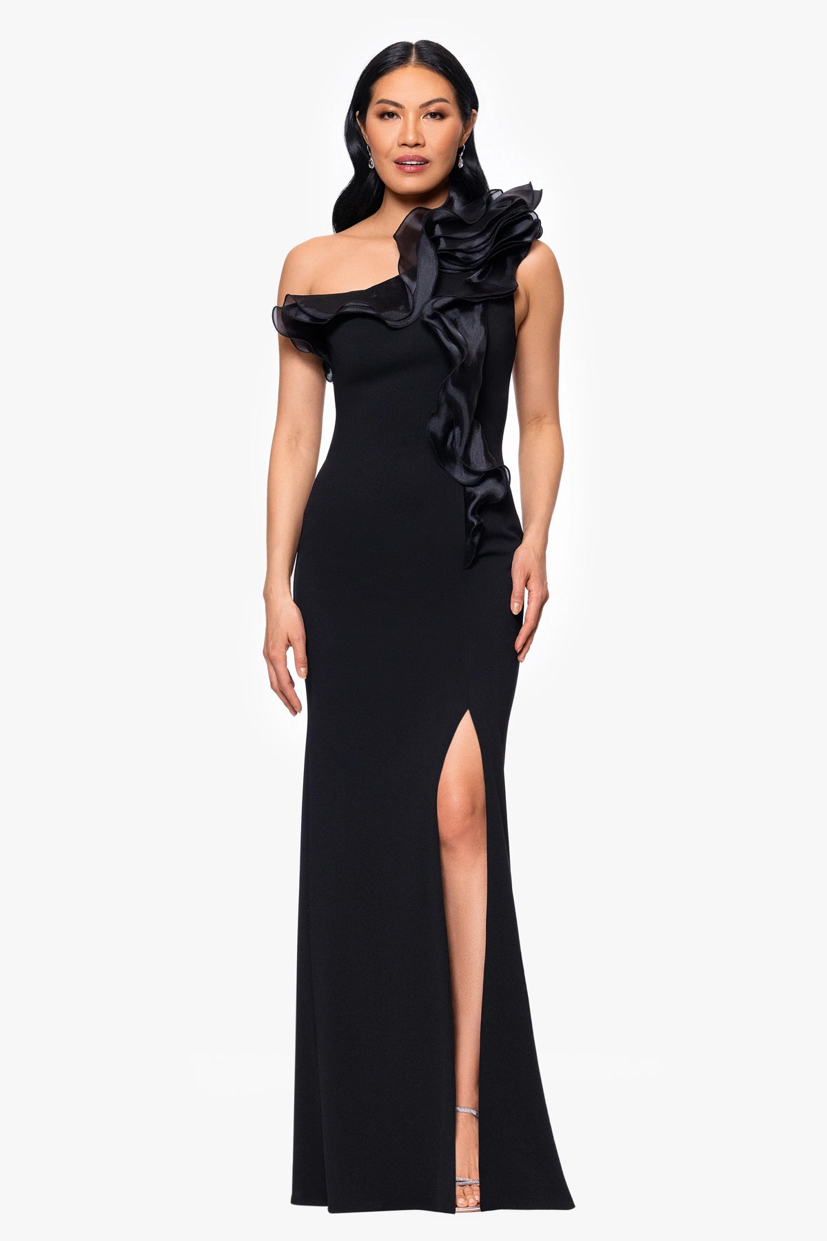 "Drea" Scuba Crepe Drop Shoulder Ruffle Floor Length Dress
