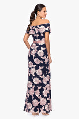 Petite "Georgette" Soutache Off the Shoulder Ribbon Floor Length Dress
