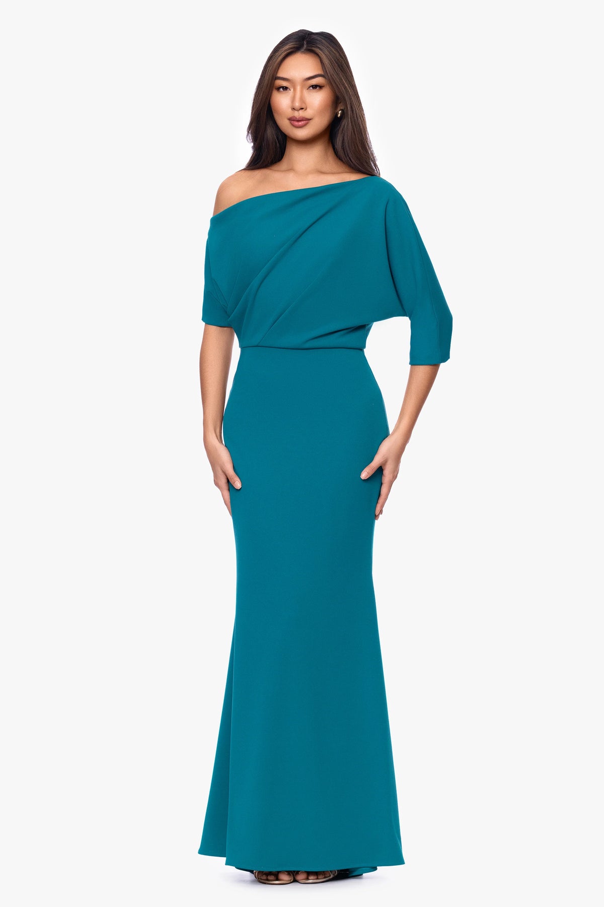 "Madeline" Scuba Crepe Off the Shoulder Drop Floor Length Dress