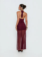 Desta Halter Sheer Maxi Dress Burgundy