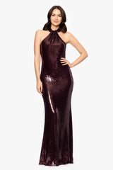 Petite "Lita" Sequin Halter Knot Neck Floor Length Dress