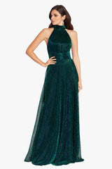 "Peyton" Long Metallic Knit Halter Top Dress