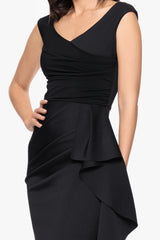 "Ruth" Techno Scuba Sleeveless V-Neck Ruffle Floor Length Dress