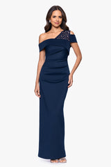 Petite "Delia" Techno Scuba Asymmetric Off Shoulder Floor Length Dress