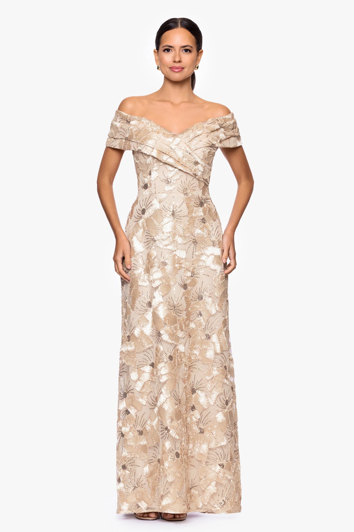 "Teyana" Soutache Sequin Off the Shoulder Floor Length Dress