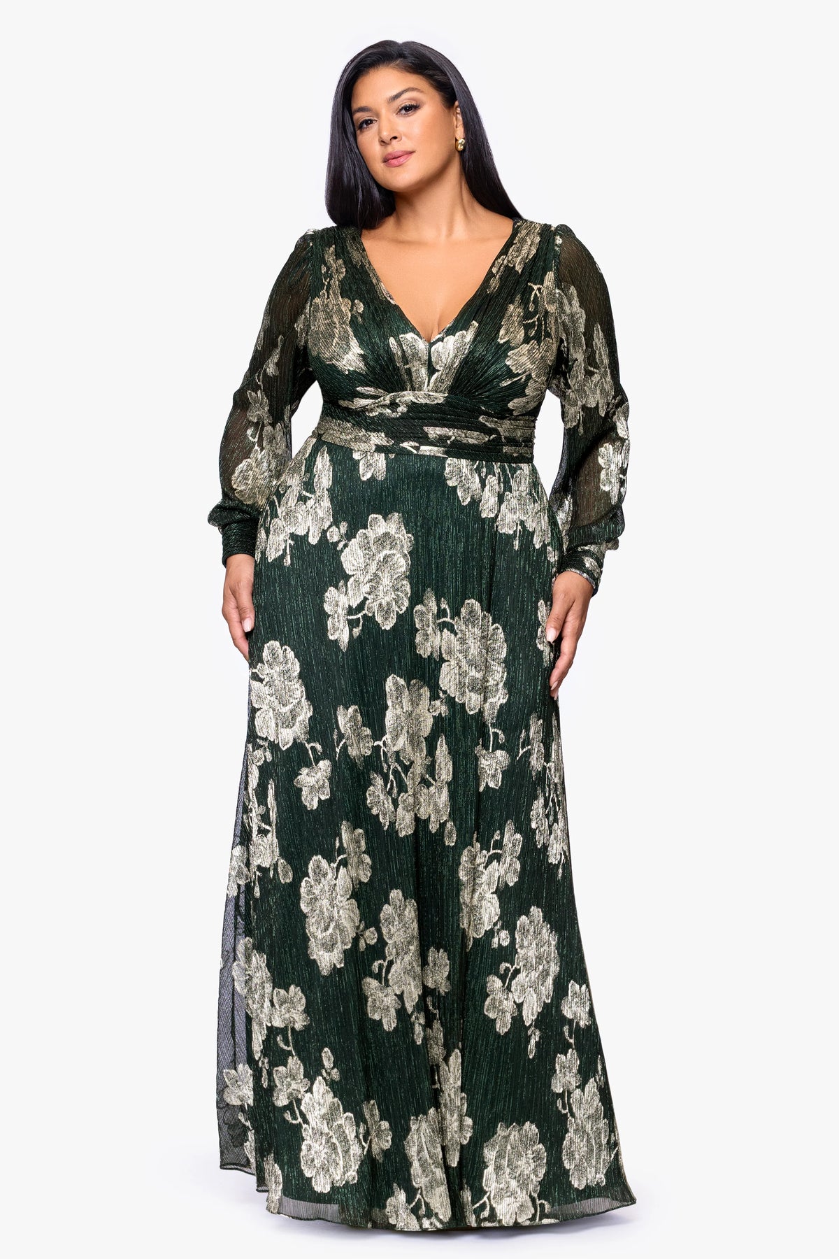 Plus "June" Foil Knit V-Neck Long Sleeve Floor Length Dress