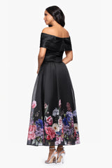Petite "Tabitha" Organza Print Off the Shoulder Midi Dress