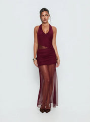 Desta Halter Sheer Maxi Dress Burgundy
