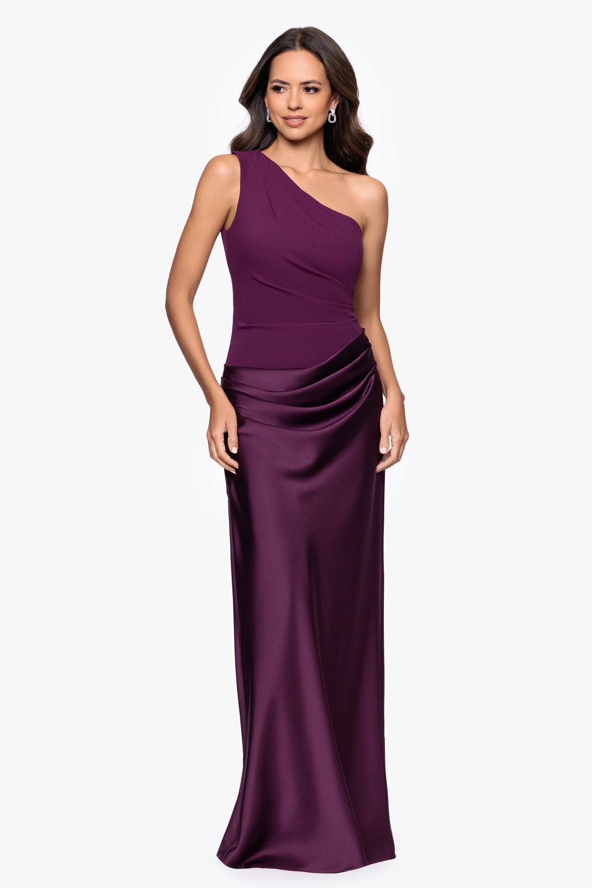 "Josie" Scuba Crepe and Satin One Shoulder Floor Length Dress