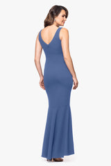 Petite "Candace" Long V- Neck Hi Low Cascade Dress