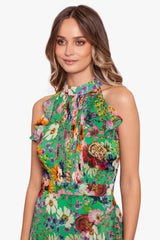 "Cameron" Long Chiffon Print Halter Flutter Dress