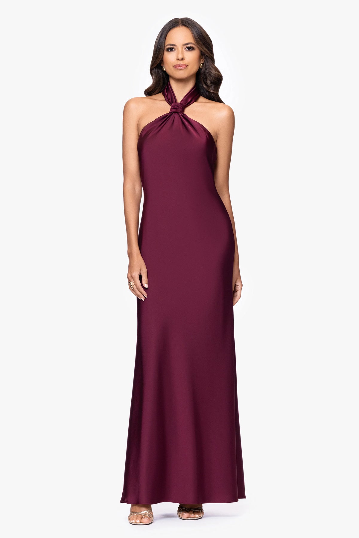 Petite "Esmerelda" Satin Double Knotted Halter Neck Floor Length Dress