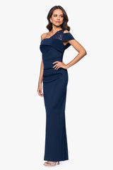 "Delia" Techno Scuba Asymmetric Off Shoulder Floor Length Dress