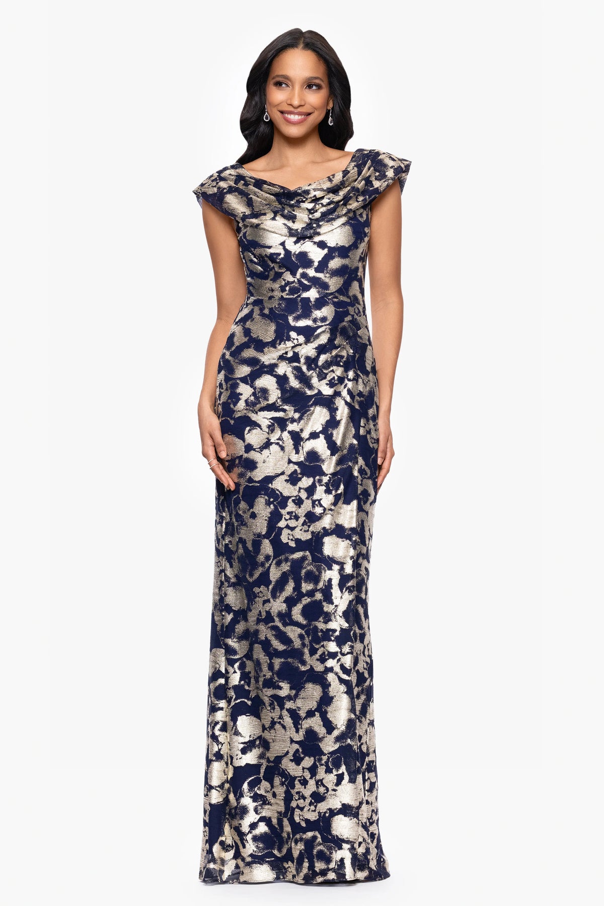 "Bianca" Metallic Cowl Neck Floor Length Dress