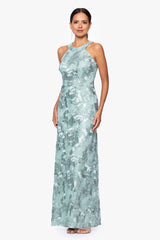 Petite "Fabiana" Halter Neck Soutache and Sequin Floor Length Dress