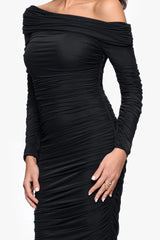 "Hannah" Mesh Rouching Drop Shoulder Long Sleeve Dress