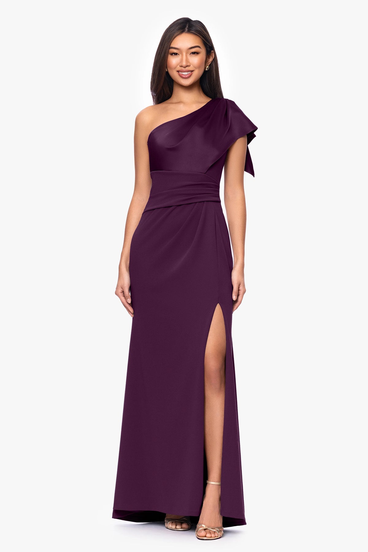 "Jules" Scuba Crepe and Satin One Shoulder Floor Length Dress