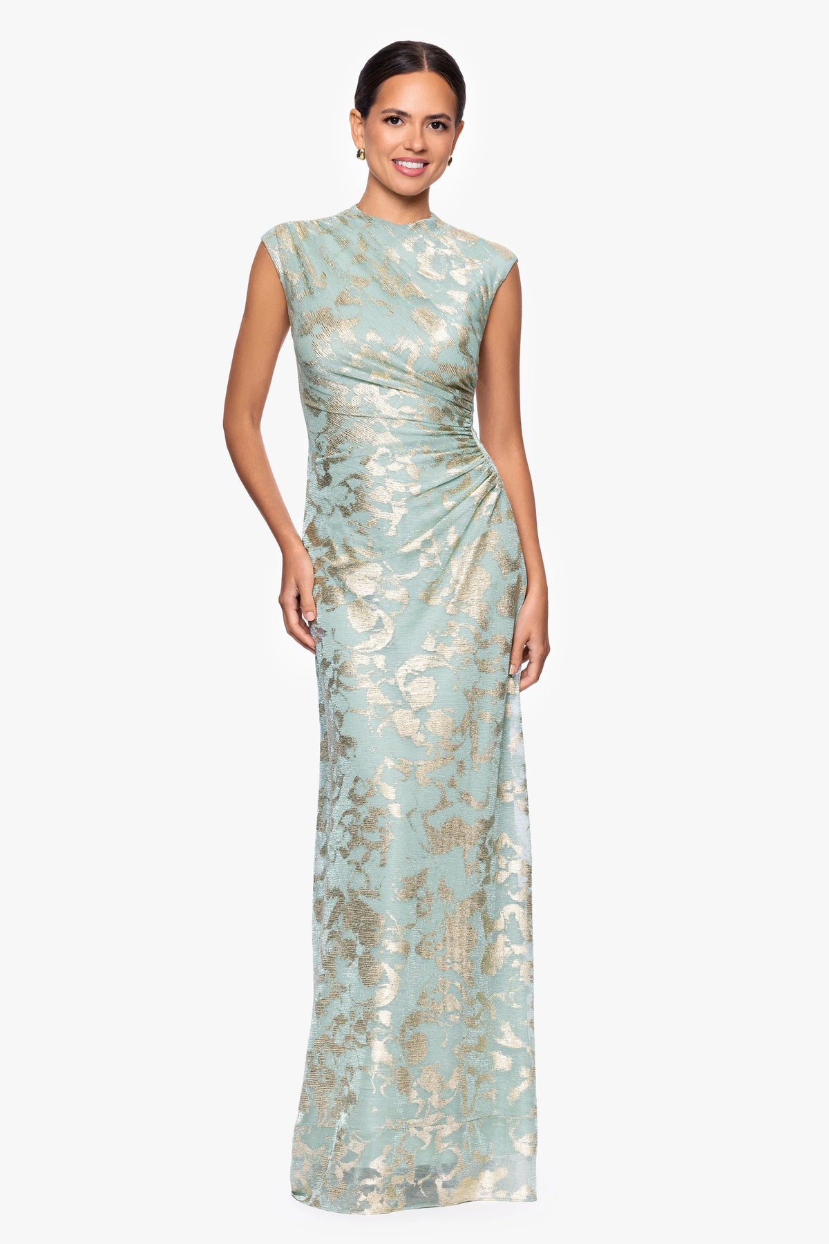 "Cory" Metallic Print Rouched Floor Length Dress