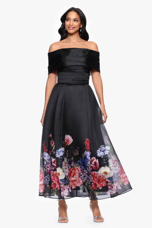 Petite "Tabitha" Organza Print Off the Shoulder Midi Dress