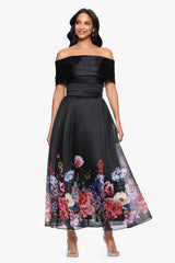 Petite "Tabitha" Organza Print Off the Shoulder Midi Dress