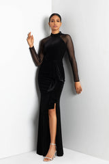 Petite "Valentina" Long Velvet Mesh Illusion Sleeve Dress