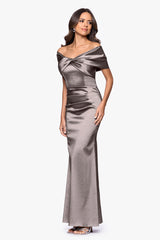 "Gia" Taffeta Twist Off the Shoulder Floor Length Dress