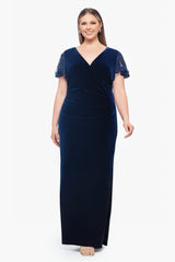 Plus "Carolina" Long Velvet V-Neck Sequin Sleeve Dress