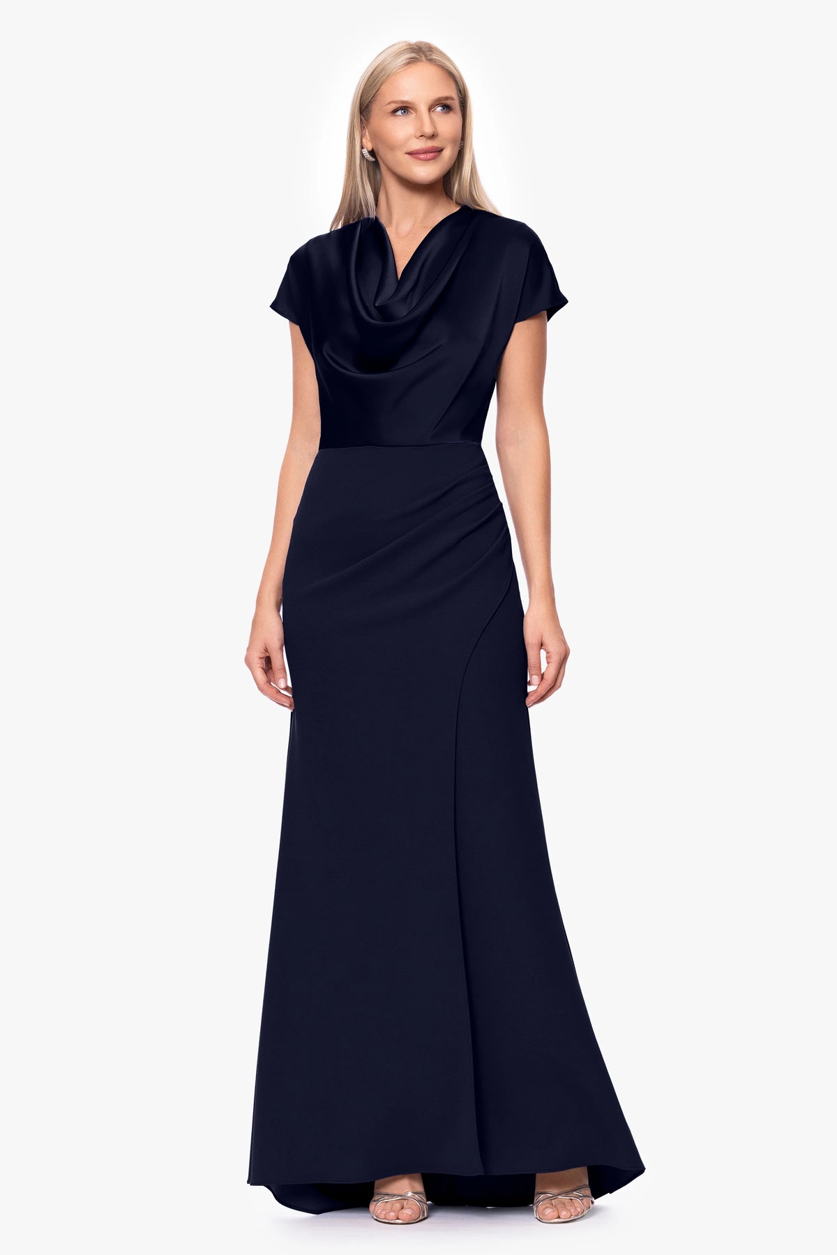 "Rinna" Scuba Crepe and Satin Cowl Neck Floor Length Dress