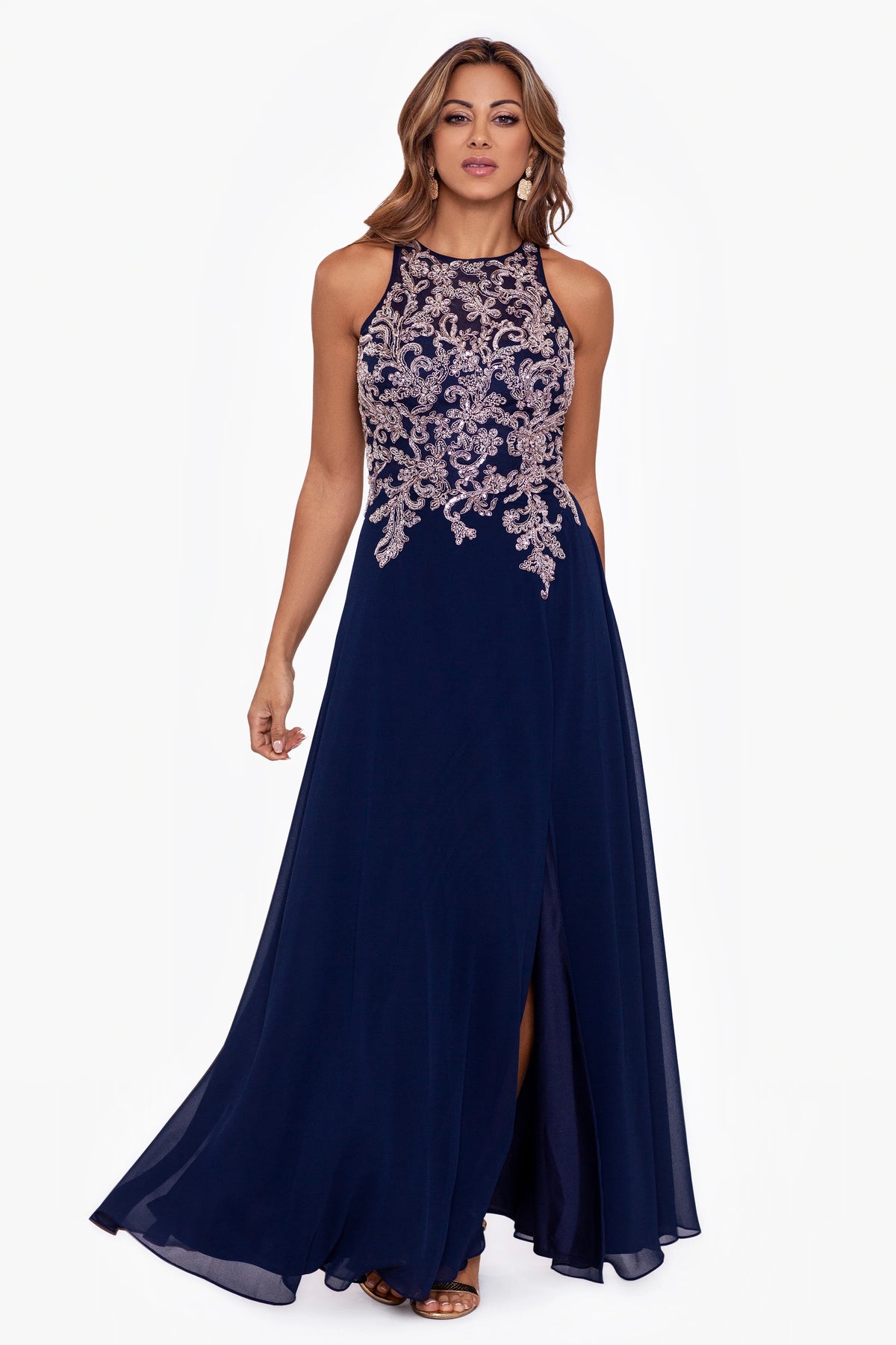 Petite "Katie" Long Chiffon Beaded Halter Dress