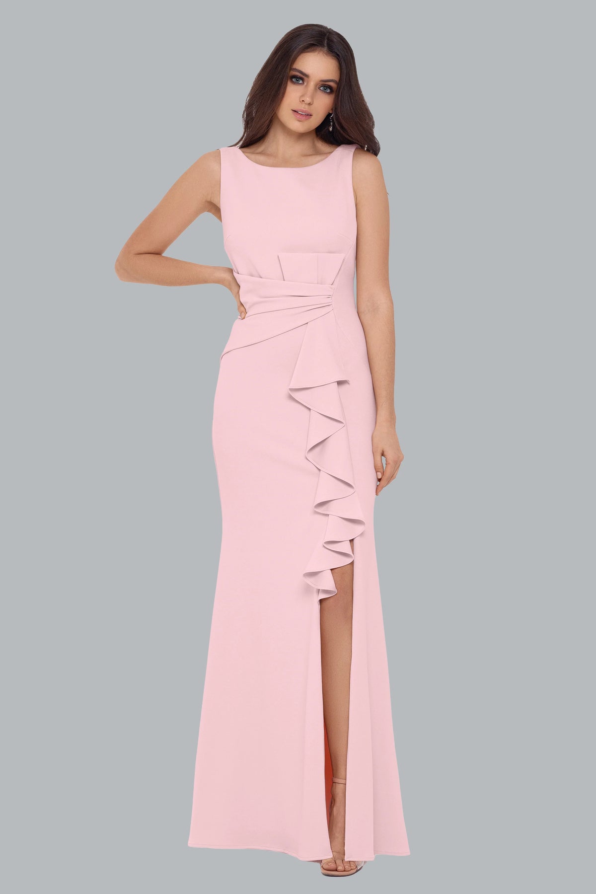 Petite "Christine" Scuba Crepe Ruffled Bow Gown