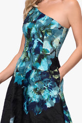 Petite "Carli" Chiffon Jacquard Burnout One Shoulder Floor Length Dress