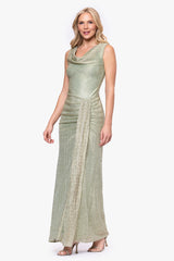 "Stassi" Metallic Knit Cowl Neck Floor Length Dress