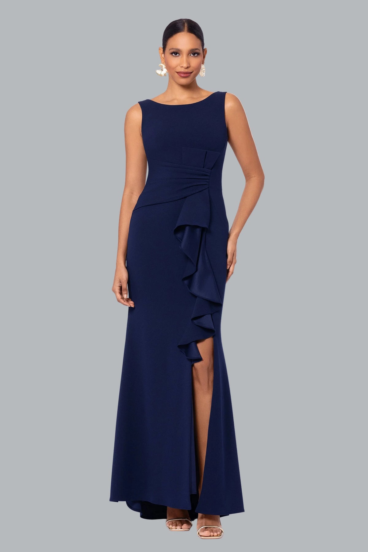 "Christine" Scuba Crepe Ruffled Bow Gown