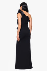 "Drea" Scuba Crepe Drop Shoulder Ruffle Floor Length Dress