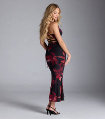 Captivating Floral Mesh Lace-Up Midi Dress