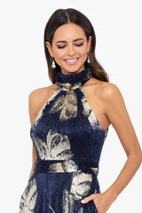 Petite "Dana" Foil Wrap Mock Neck Floor Length Dress
