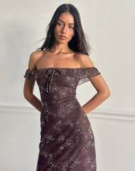 Catrin Midi Dress in Doodle Flower Flock Brown