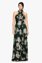 Petite "Blake" Foil Knit High Halter Neck Floor Length Dress