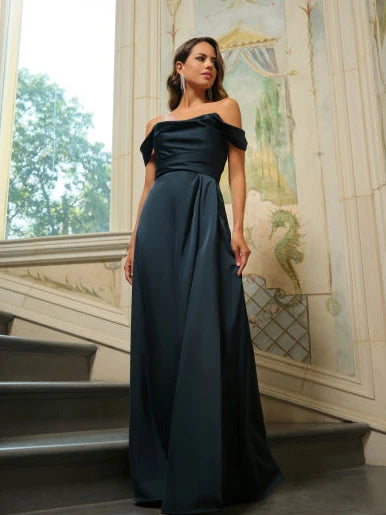 "Heather" Satin Off the Shoulder Floor Length Dress