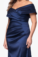 Plus "Raquel" Taffeta Off the Shoulder Floor Length Dress