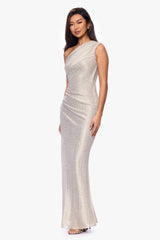 "Avril" Metallic One Shoulder Rouched Floor Length Dress