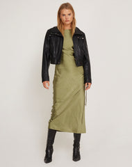 Raybu Ruched Midi Dress in Satin Olive