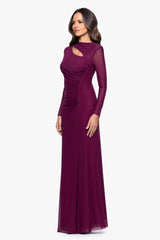 "Callie" Mesh Cutout Embellished Long Sleeve Floor Length Dress