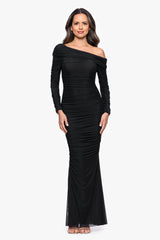 "Hannah" Mesh Rouching Drop Shoulder Long Sleeve Dress