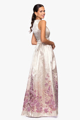 "Belle" Print Jacquard V-Neck Floor Length Dress