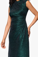 Petite "Bethany" Crinkle Metallic Rouched Floor Length Dress