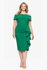 Plus "Kourtney" Scuba Crepe Off the Shoulder Ruffle Midi Dress