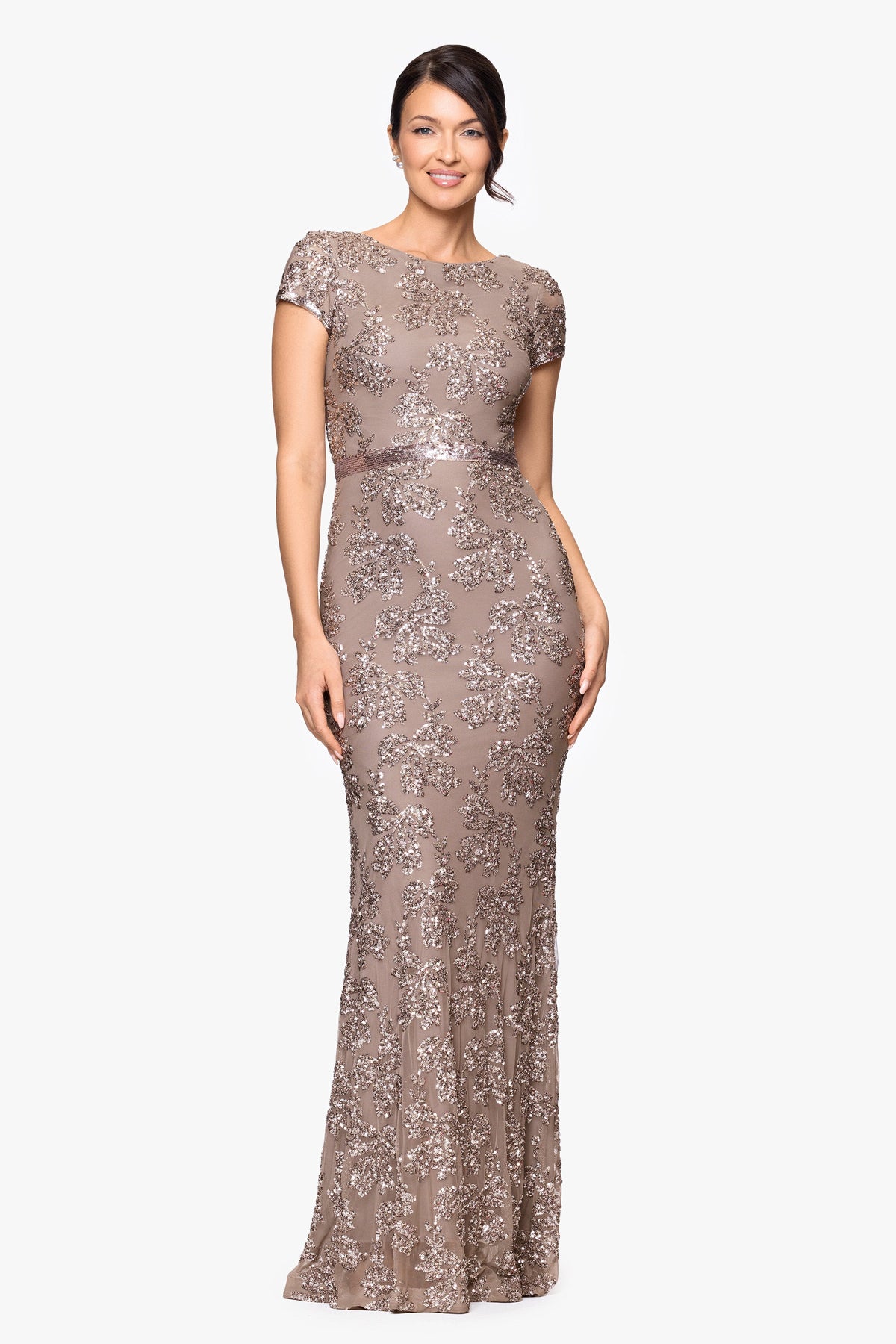"Keisha" Sequin Embellished Short Sleeve Floor Length Dress